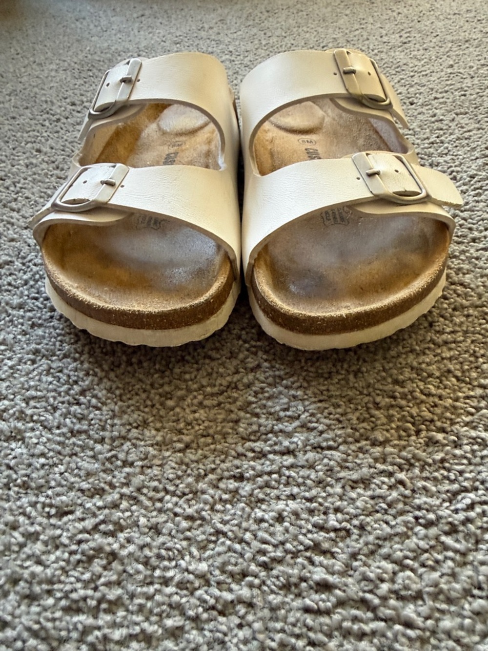 Double-Strap Slide Sandals. White w/Silver Tone Buckles. Leather Insole. Size 8M - Picture 2 of 6